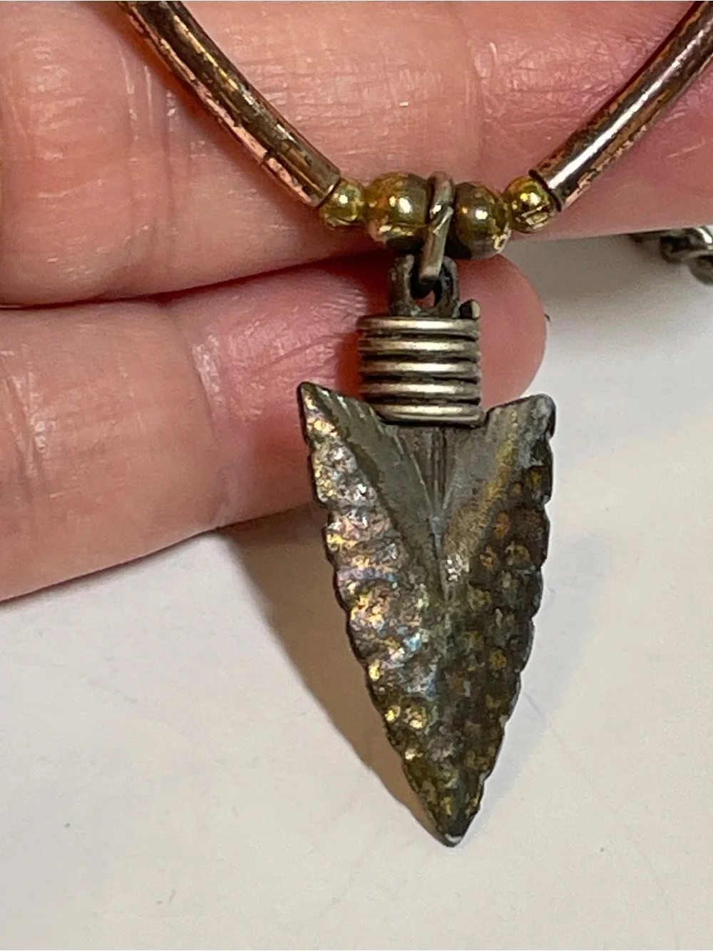 Vtg Arrowhead Necklace Silver Tone & Copper Embellished Pendant Artsy Rustic 18”